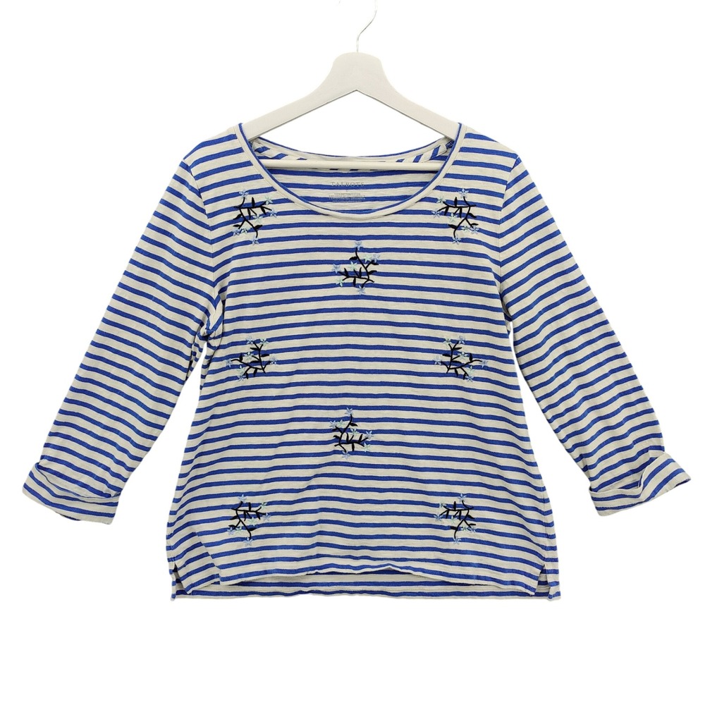 Talbots Womens Coastal Preppy Floral Embroidered Striped Top L Blue White Cotton